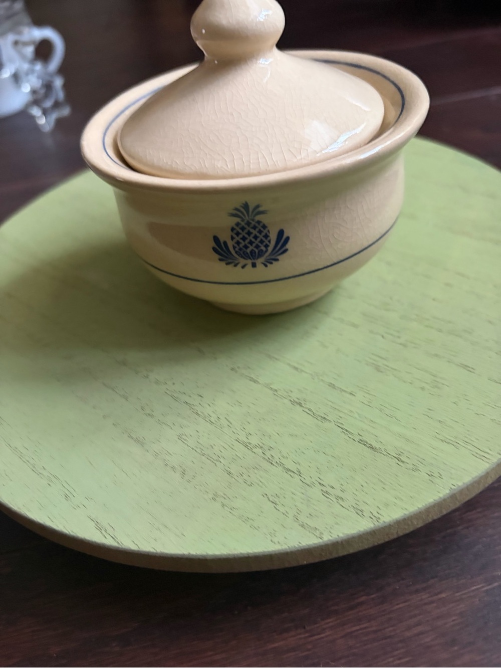 Cream Ceramic Covered Sugar Bowl with Blue Pineapple Motif